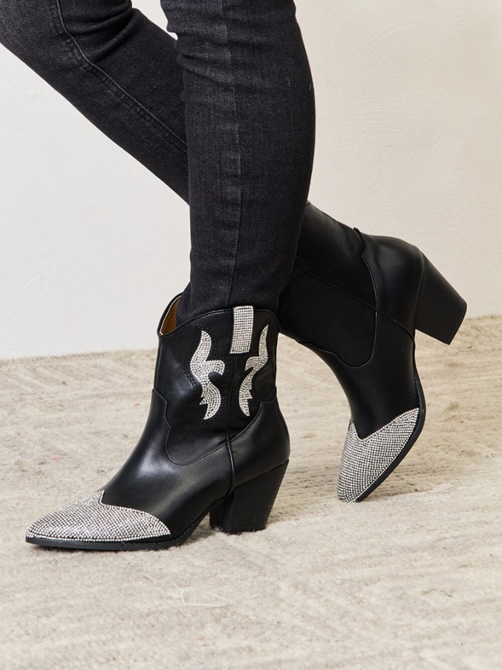Black Rhinestone Pointed Toe Ankle Boots | Western Block Heel